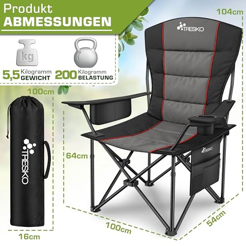 Detalle de TRESKO Campingstuhl, faltbar bis 200 kg, gepolstert mit Kühltasche