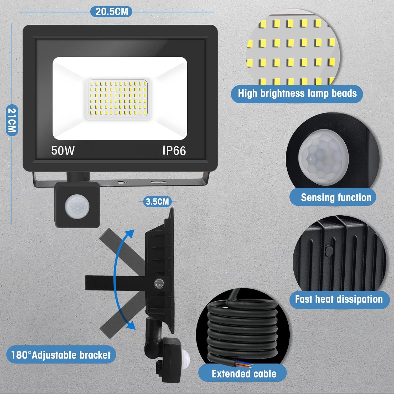 Detalle de Jefedana 1 Faretto LED da Esterno con Sensore di Movimento 50W 5000LM – IP66, 180°
