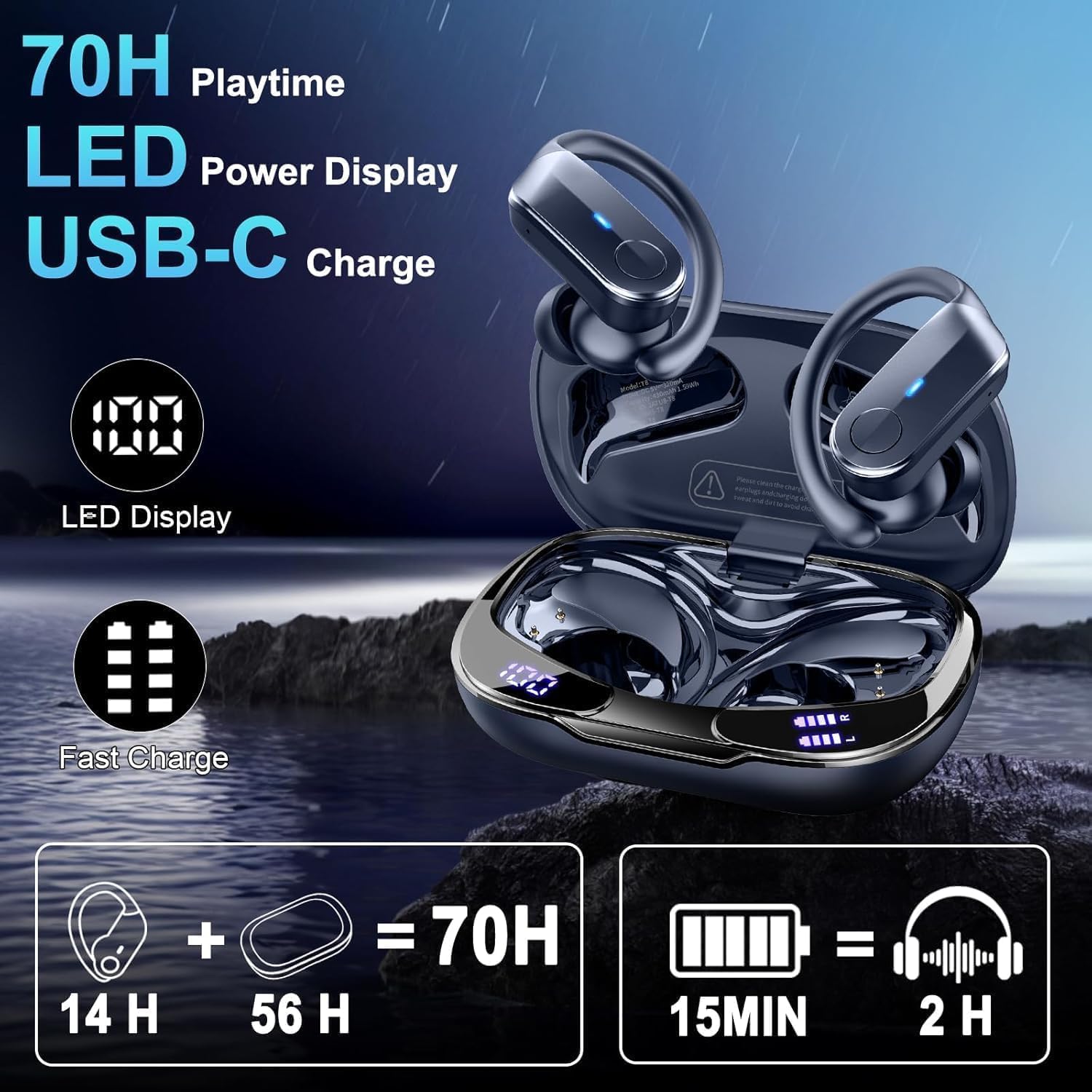 Thumbnail 3 de Ordtop Wireless Earbuds Sports 2026 – Bluetooth 5.4, IPX8, 70H Battery, Earhooks & ENC Noise Cancelling