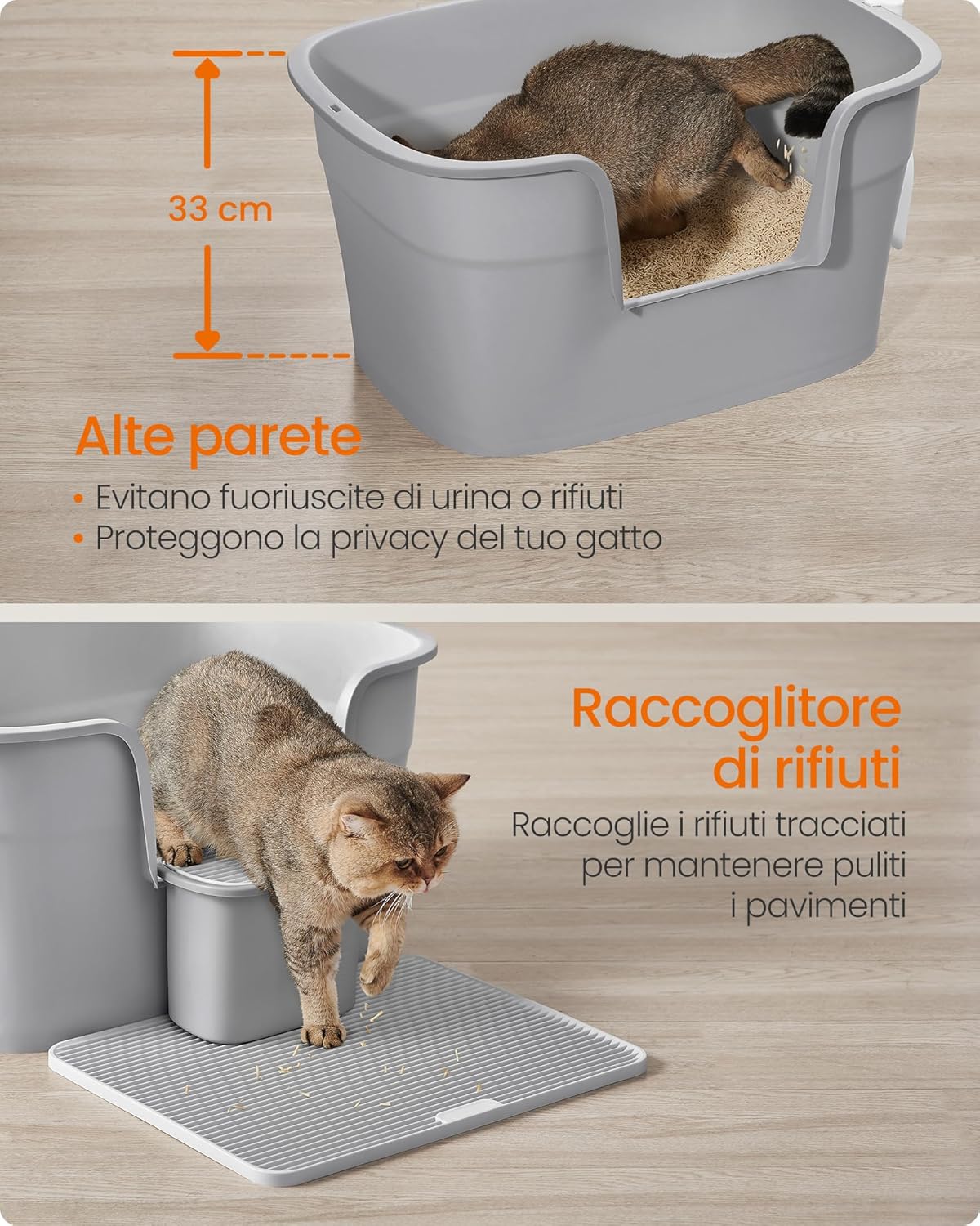 Detalle de Feandrea Lettiera per Gatti in Casa Extra Larga con Lati Rialzati e Tavola Raccogli Lettiera – Grigio Tortora PPT003G01
