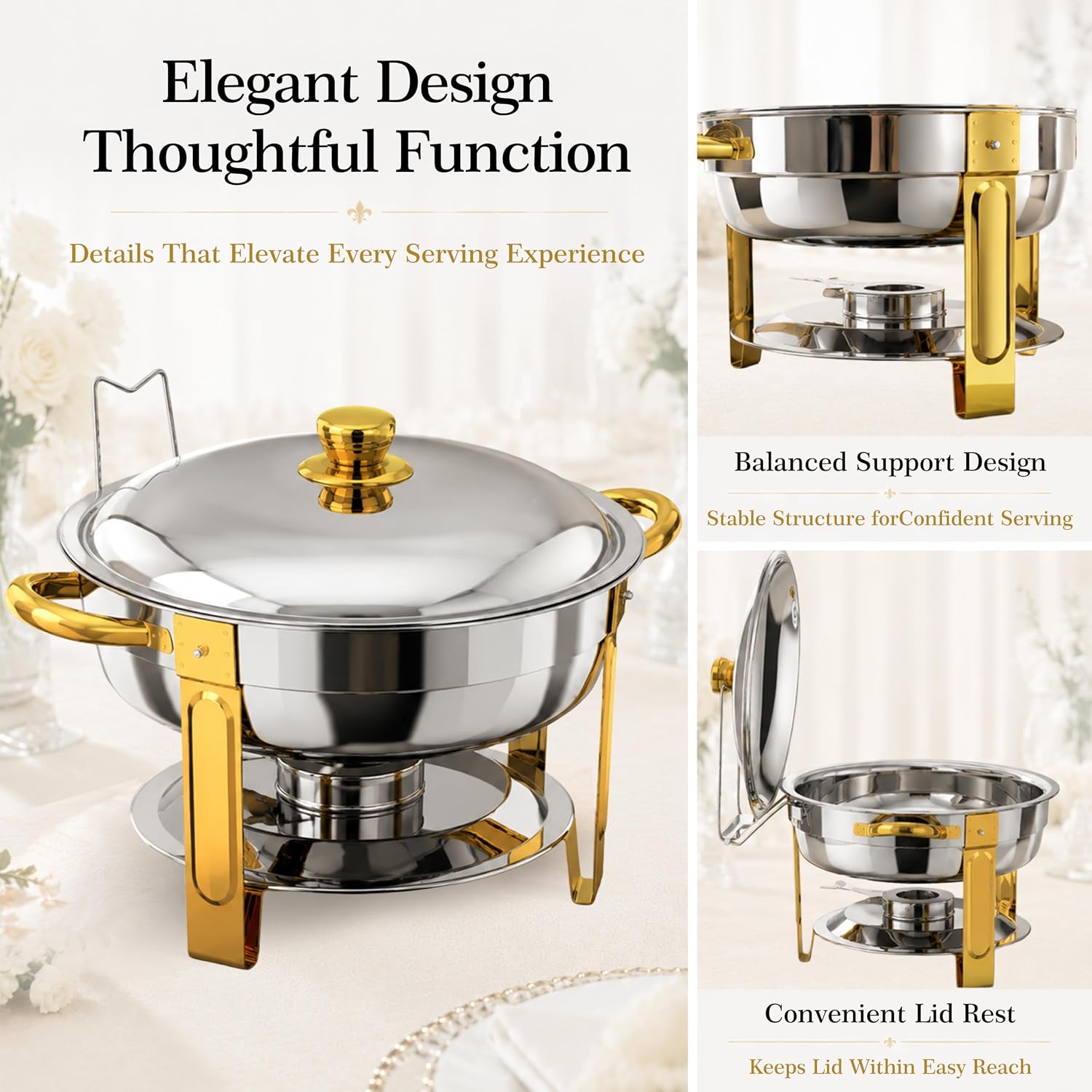 Detalle de Chafing Dishes for Buffet 4 Pack - 6QT Round Stainless Steel with Elegant Gold & Silver Accents