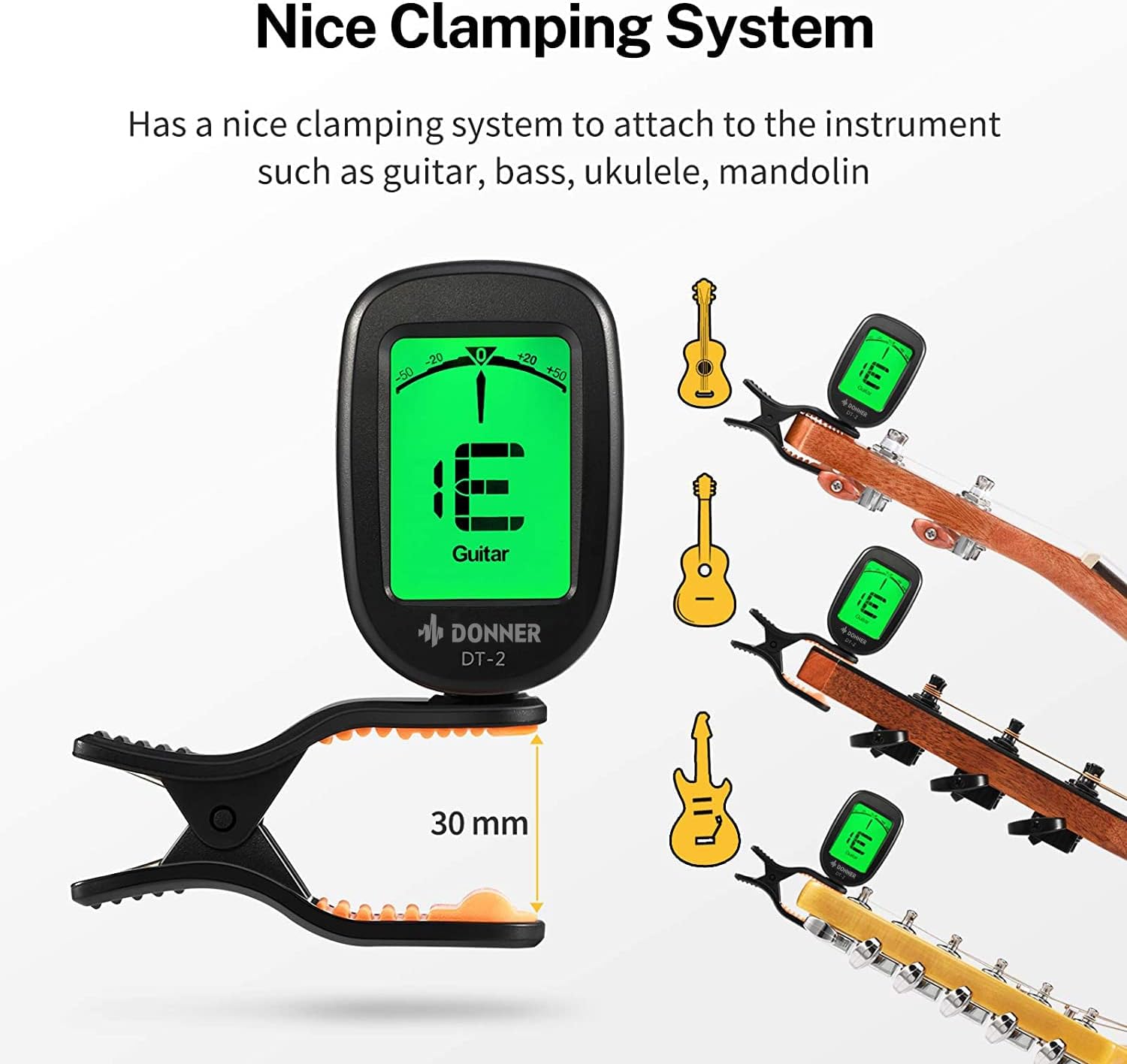 Detalle de Donner DT-2 Clip-On Chromatic Tuner: Accurate, Easy-Use for Guitar, Bass, Violin, and Ukulele