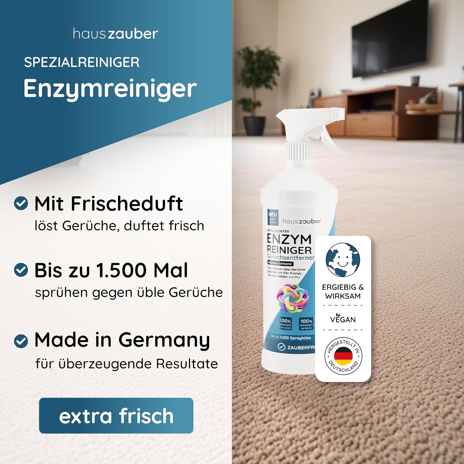 Thumbnail 2 de hauszauber Enzymreiniger STARKER GERUCHSENTFERNER 1000 ml – Gegen Katzenurin und Co., zuverlässig auf Böden, Polstern und Textilien