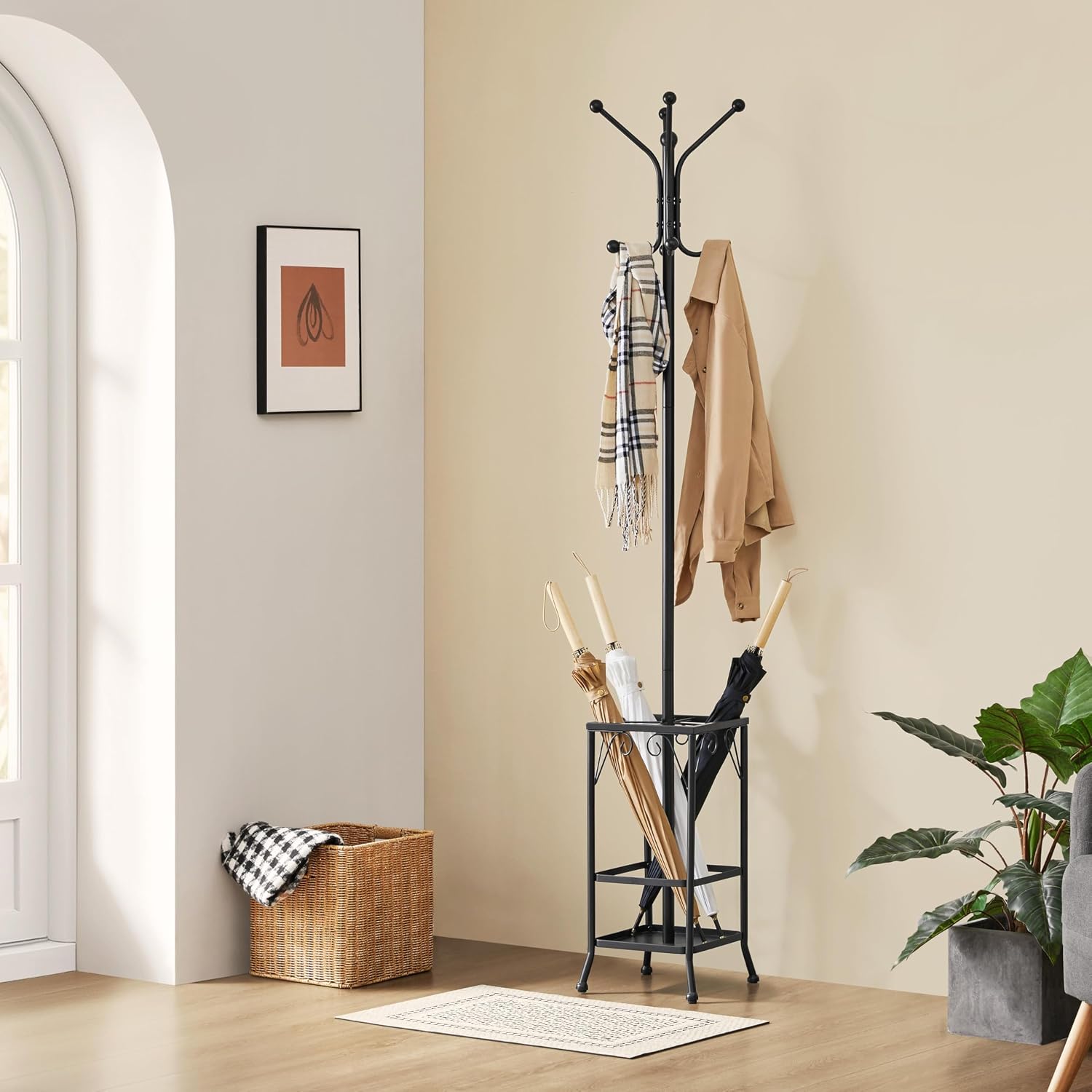 Thumbnail 5 de Yaheetech 186 cm Metal Coat Stand with 8 Hooks, Umbrella Holder and Solid Base – Free Standing Black