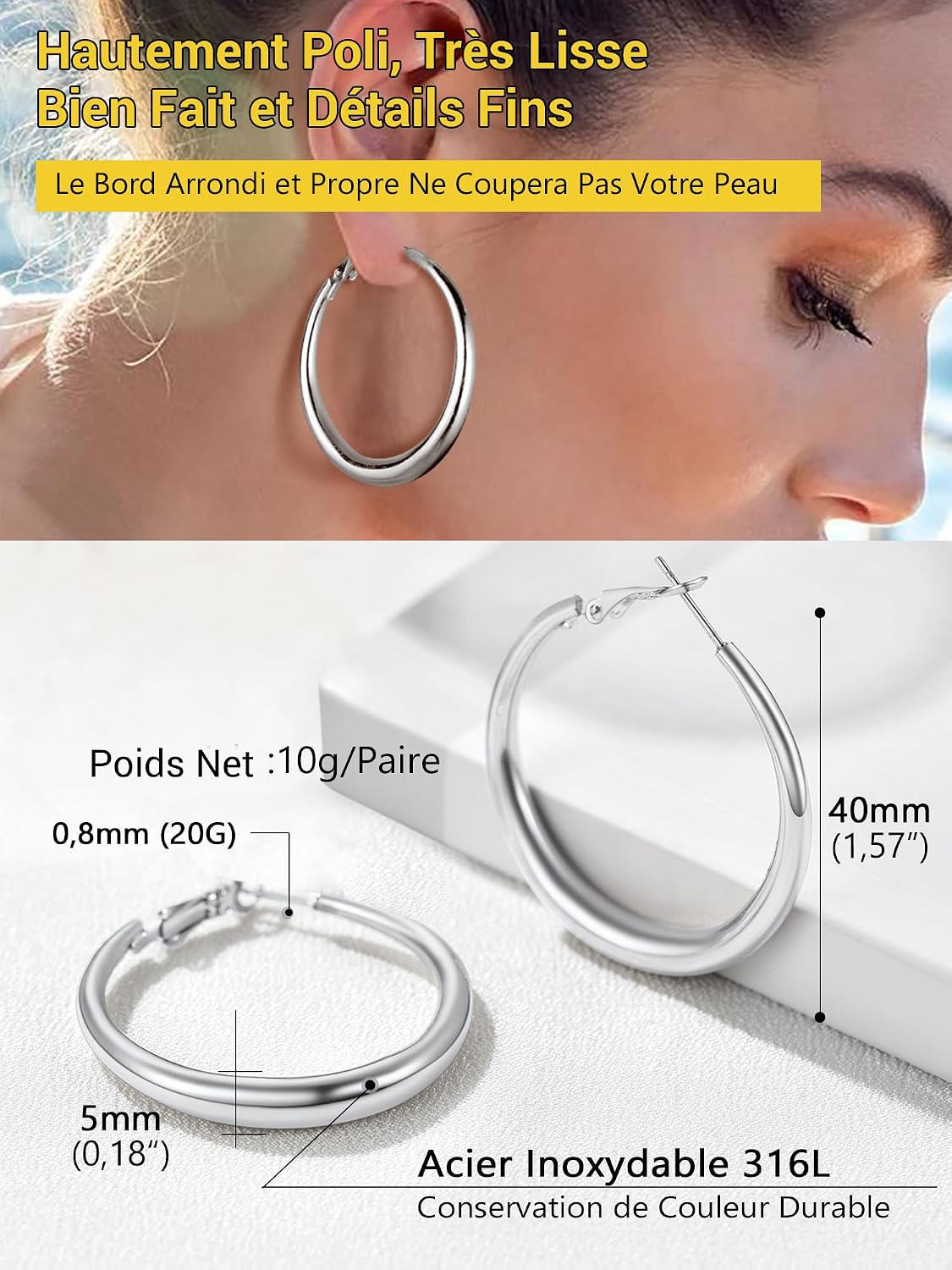 Detalle de PROSTEEL Créoles Femme en acier inoxydable 316L 40/60/80 mm – anneau type hoop
