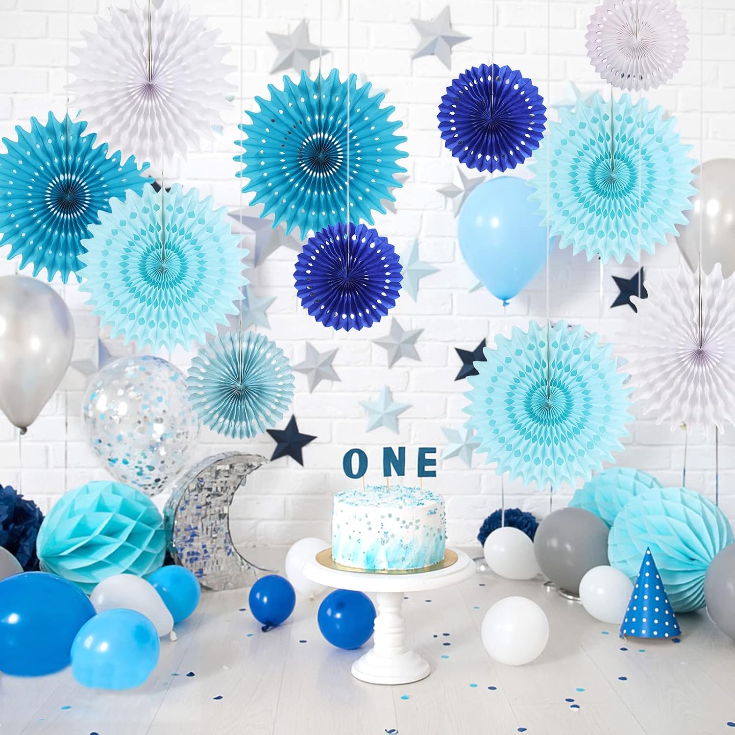 Thumbnail 6 de SUNBEAUTY Papier-Fächer-Girlande (15 Stück) in Blau und Weiß für Party-Deko