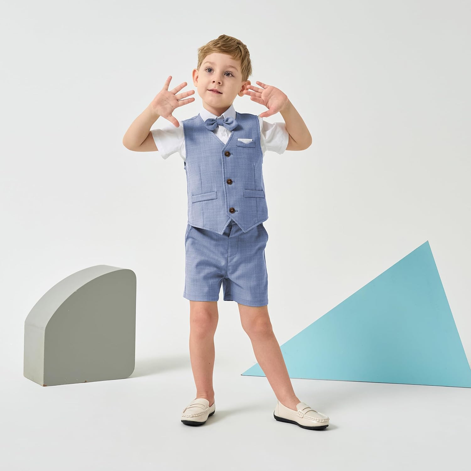 Thumbnail 2 de Volunboy 4-Pieces Baby Boys Summer Wedding Suit – Short Sleeve Shirt, Detachable Bow Tie, Vest & Shorts