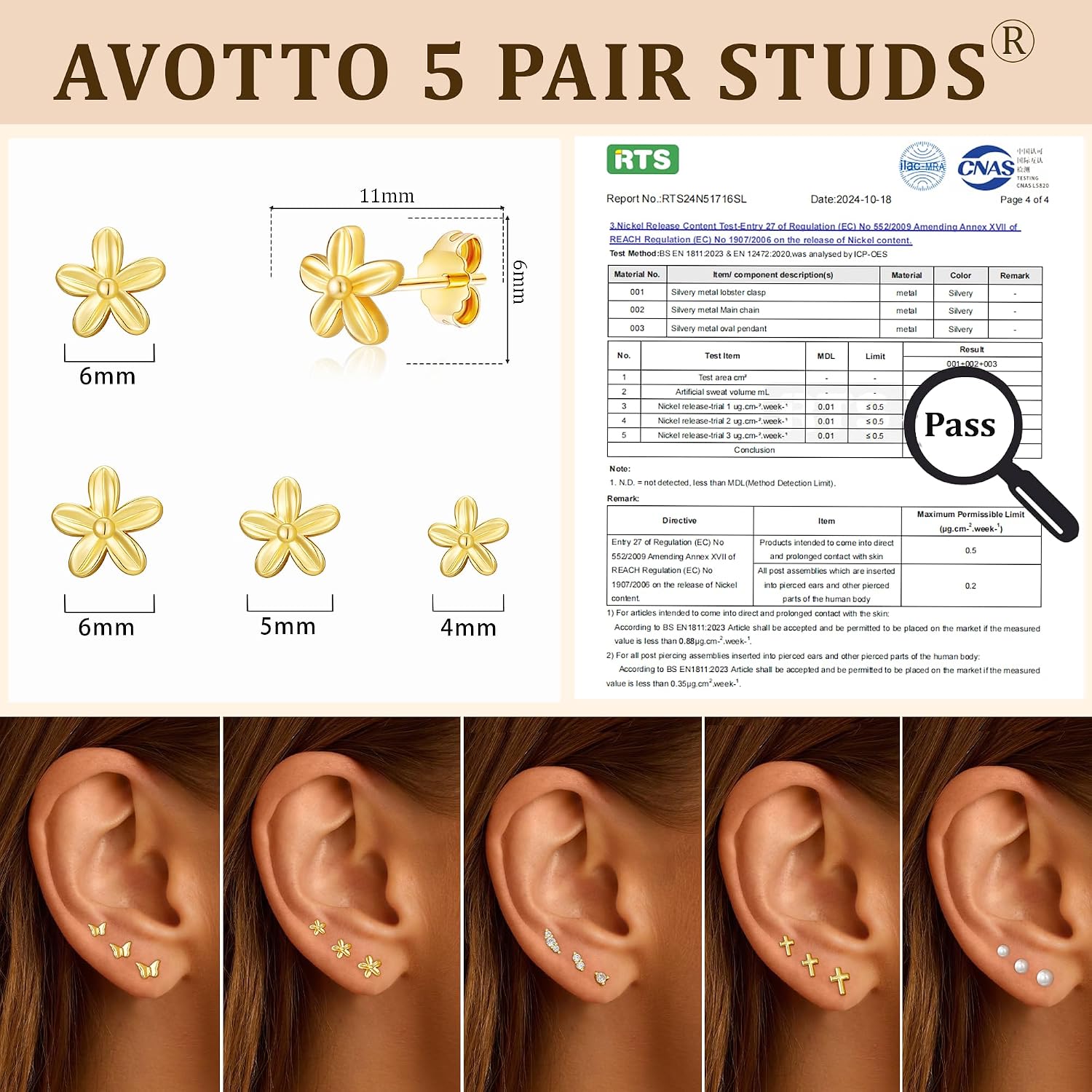 Detalle de AVOTTO 3 Paar Ohrstecker Silber 925