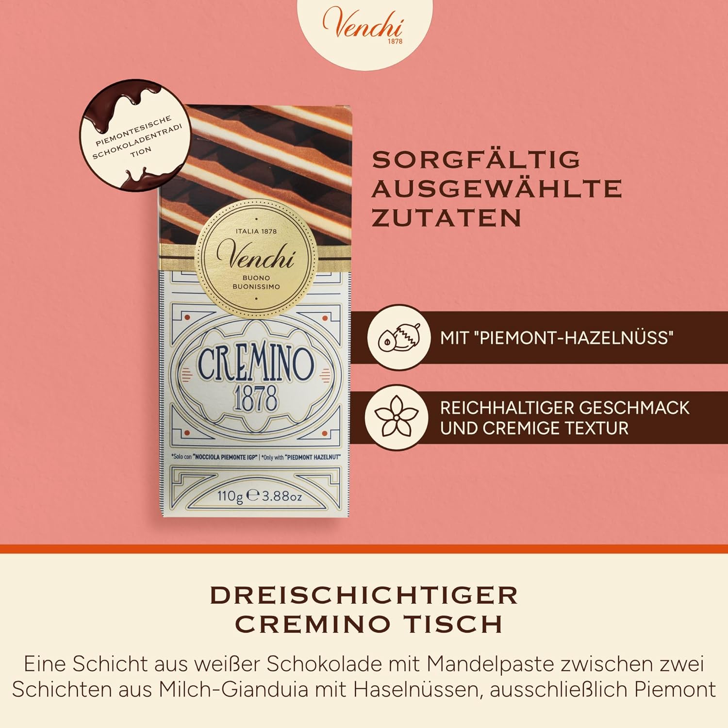 Thumbnail 3 de Venchi Tafel Cremino 1878 (110 g) – Milchschokolade mit Haselnüssen Gianduja & weiße Schokolade mit Mandelpaste, glutenfrei