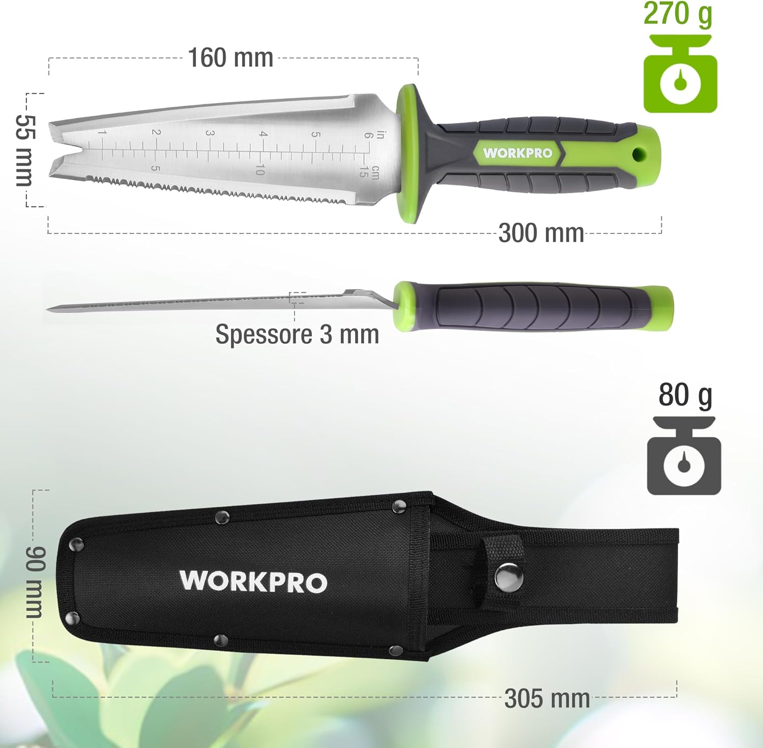 Detalle de WORKPRO paletta da giardino 12" con custodia in Oxford e lama dentata in acciaio inox