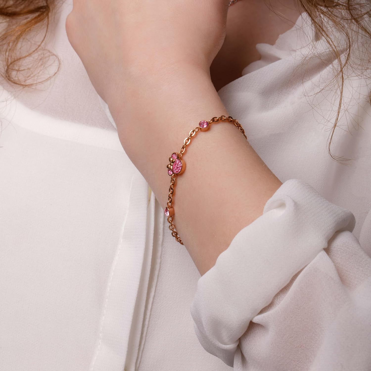 Detalle de Disney Bracelet Minnie pour filles en Acier Inoxydable, zircones roses - Taille 13-18 cm