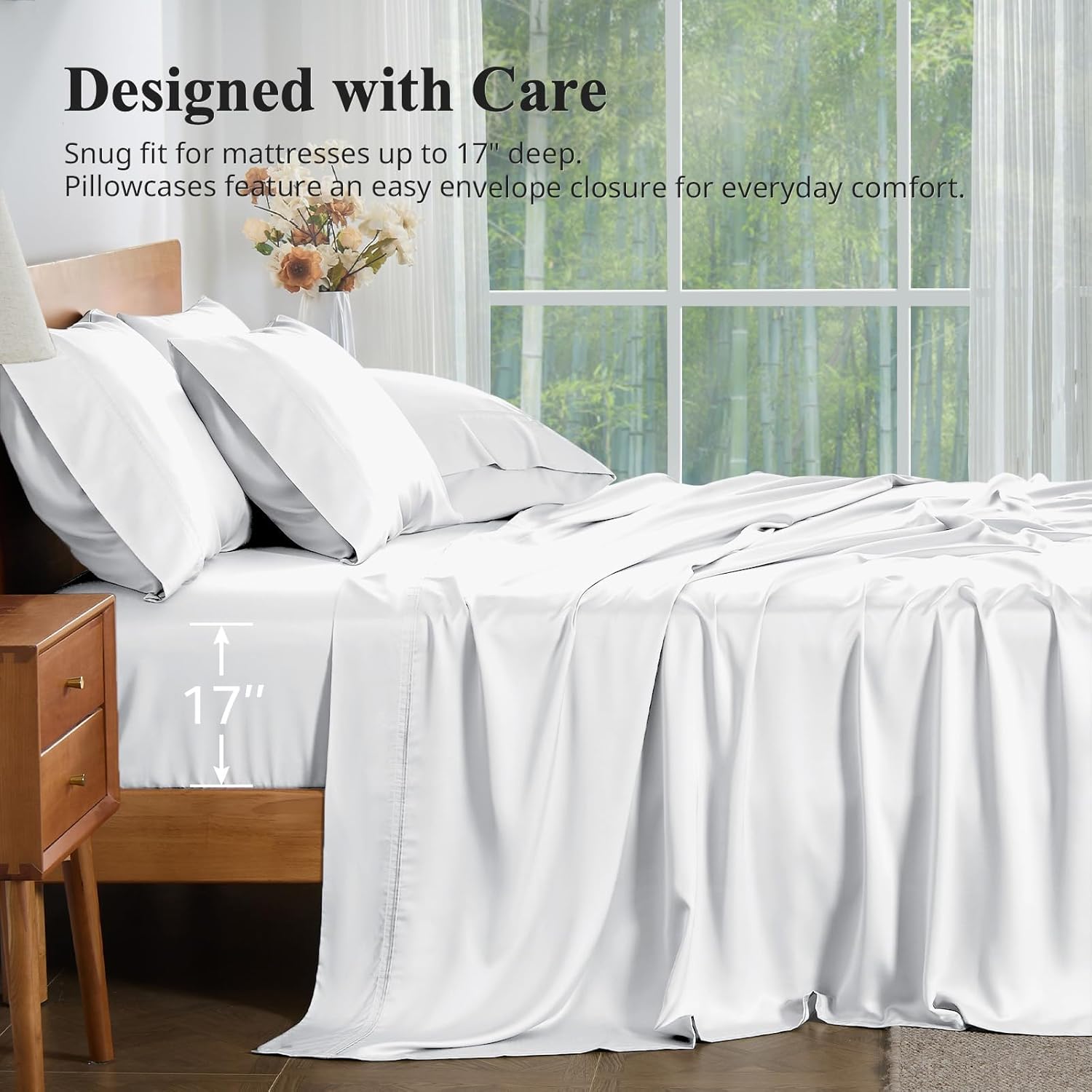 Thumbnail 5 de KRIMANO King Size Sheet Set (100% Viscose Derived from Bamboo) — Cooling, Deep-Pocket 4-Piece White