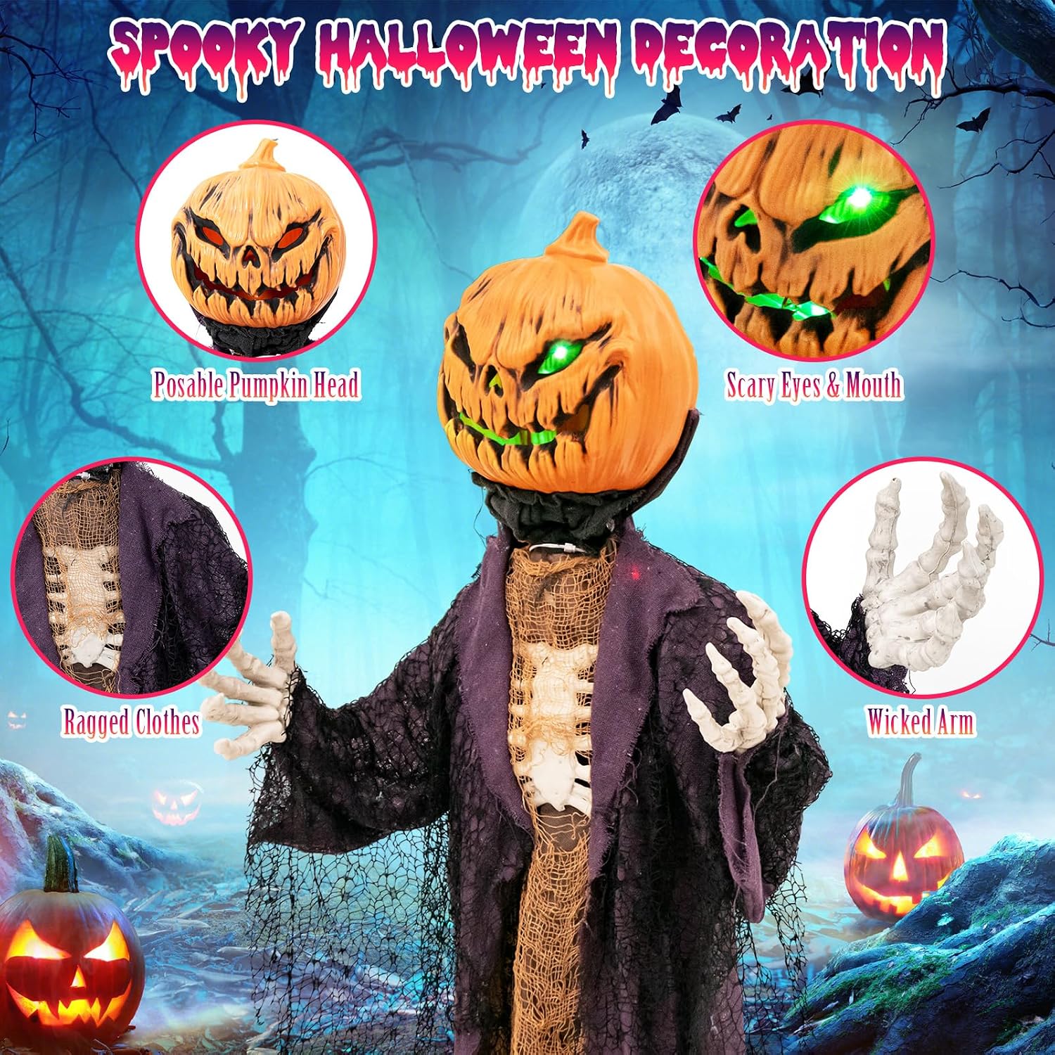 Detalle 2 de Tangkula AM7608HM 5.6-Ft Animated Pumpkin Scarecrow with Green Eyes