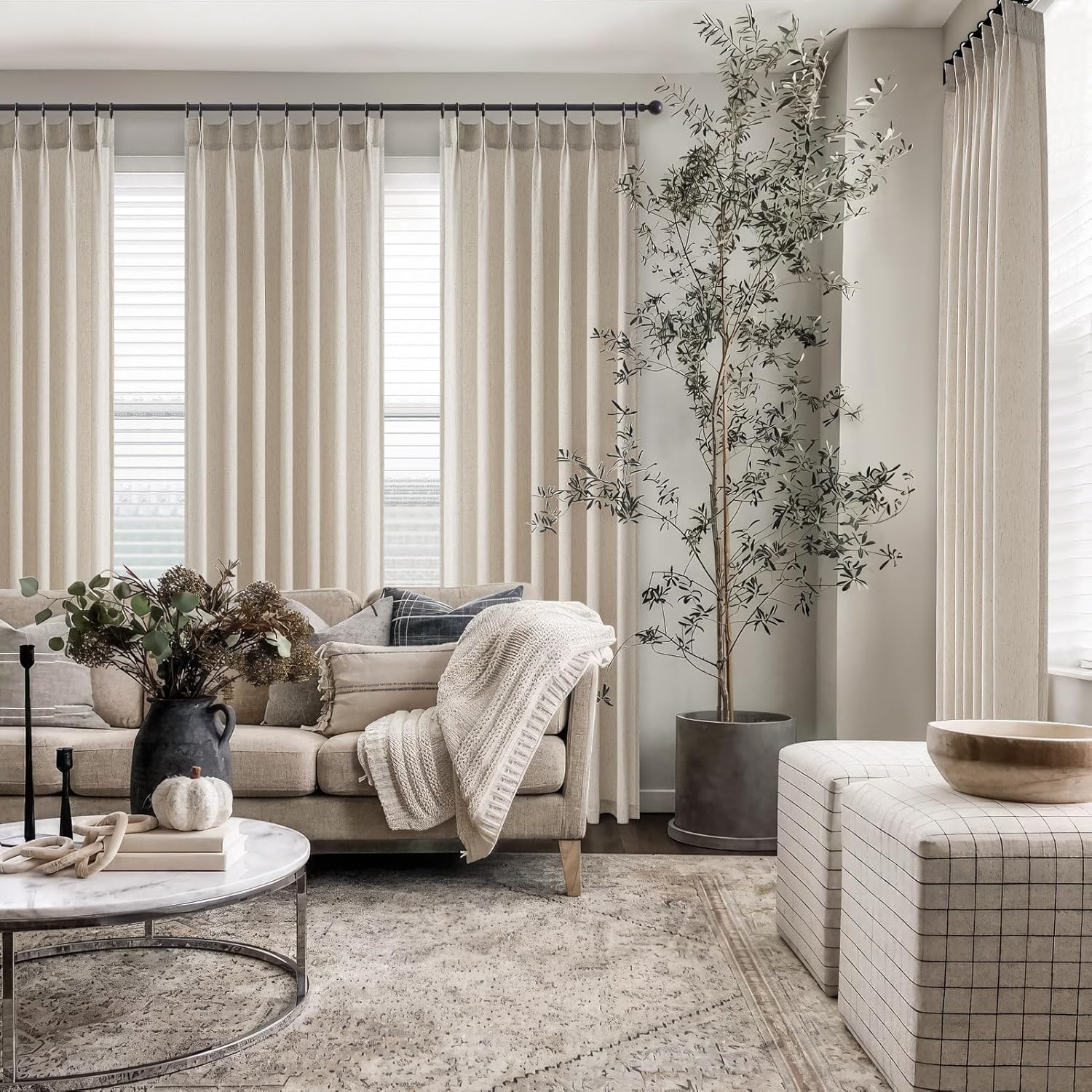 Detalle de Topfinel Oatmeal Beige Pinch Pleated Curtains (84-inch) — 2-Panel Set, Stone-Washed Linen Blend