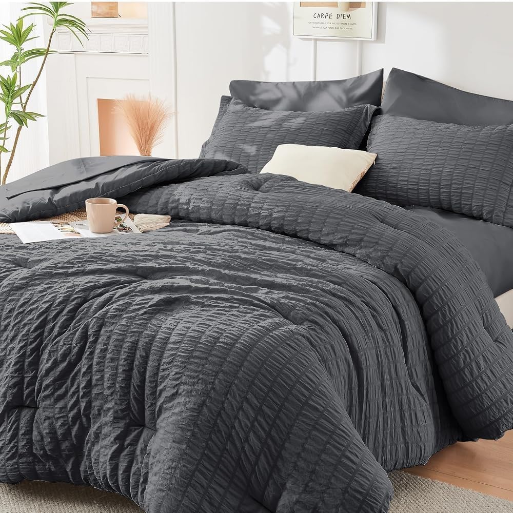 Imagen de HYMOKEGE Twin Size Seersucker Duvet Comforter Set, Dark Gray – 5-Piece en OfertitasTOP