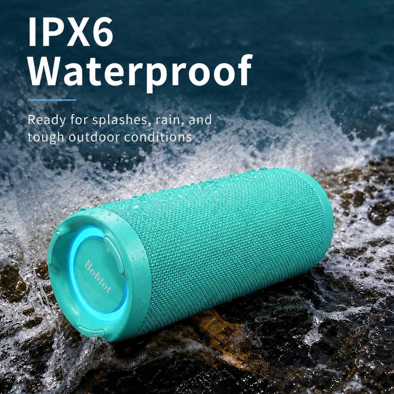 Detalle de Bobtot Portable Bluetooth Speaker (Teal) — IPX6 Waterproof, 15W, RGB Lighting, 15+ Hours, Dual Pairing