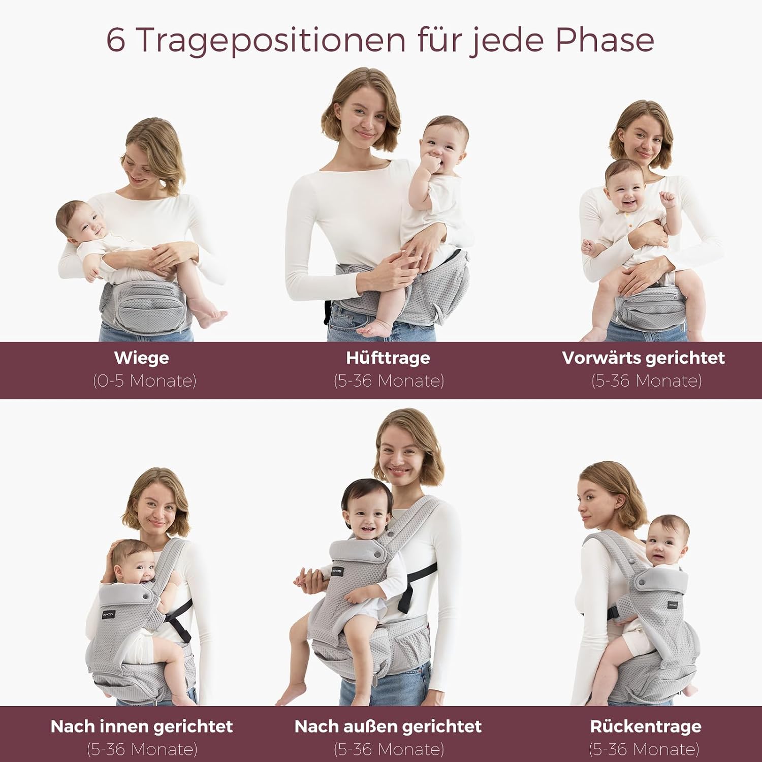 Thumbnail 3 de Momcozy Babytrage mit Hüftkissen 2-in-1 – Grau, bis 20 kg, 6 Tragepositionen