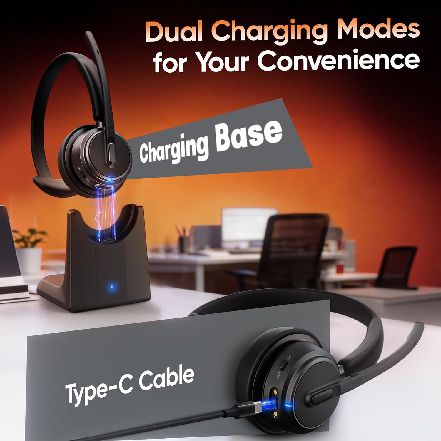 Detalle 1 de Angteela DH18B Wireless Headset with Mic, ENC, Bluetooth 5.3 & Charging Base