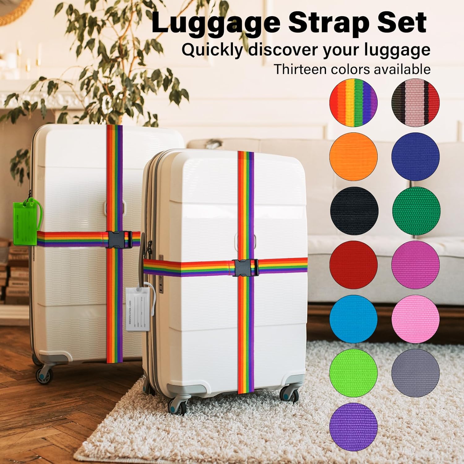 Detalle de 2 Pack Luggage Straps and 2 Pack Tags Sets for Suitcases (Pink) – Adjustable 198 cm with Quick Release Buckle