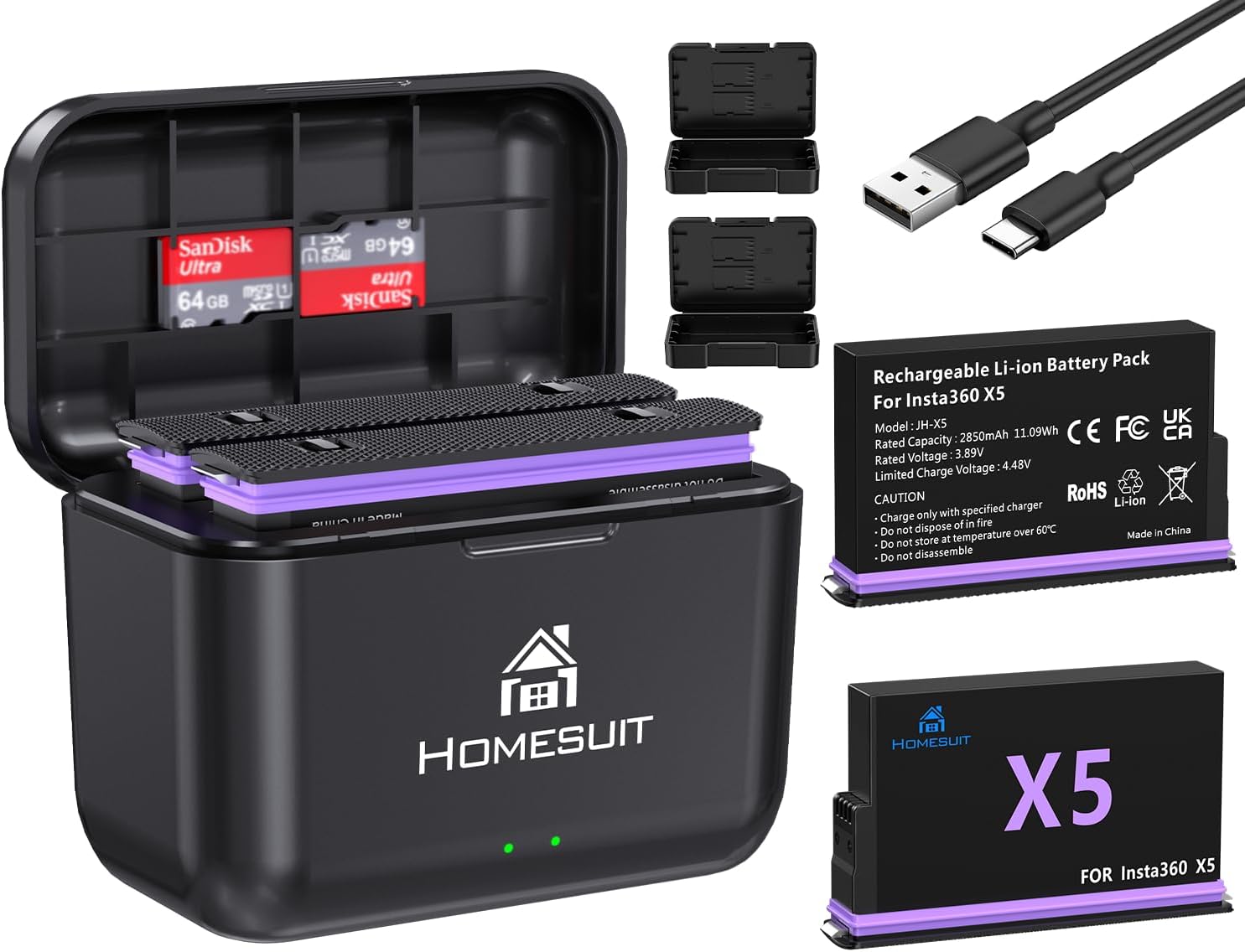 Detalle de Homesuit Insta 360 X5 Akku 2er-Pack 2850mAh Ladekit