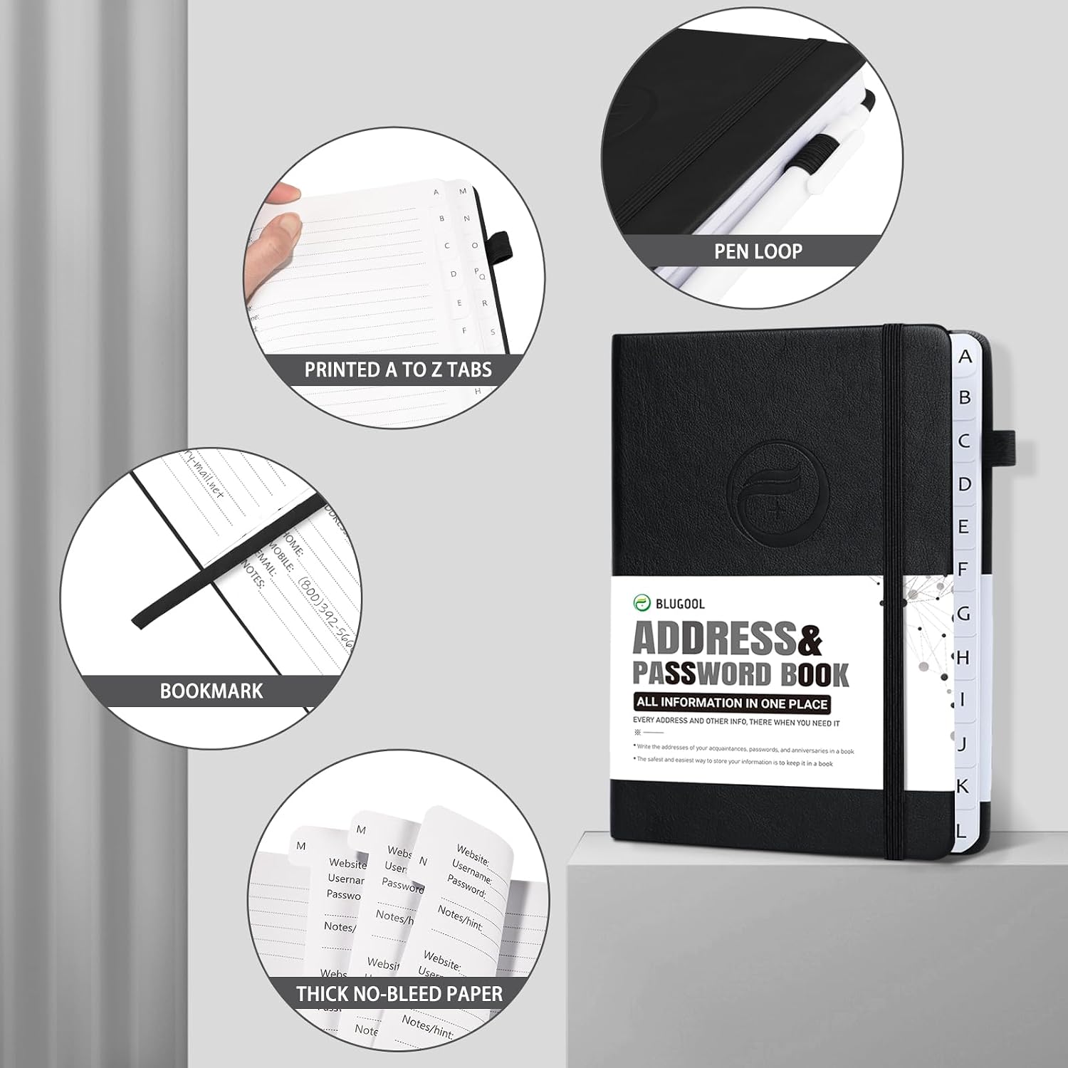 Detalle de Blugool Address Book AKN, Hardcover Address Organizer with A–Z Tabs