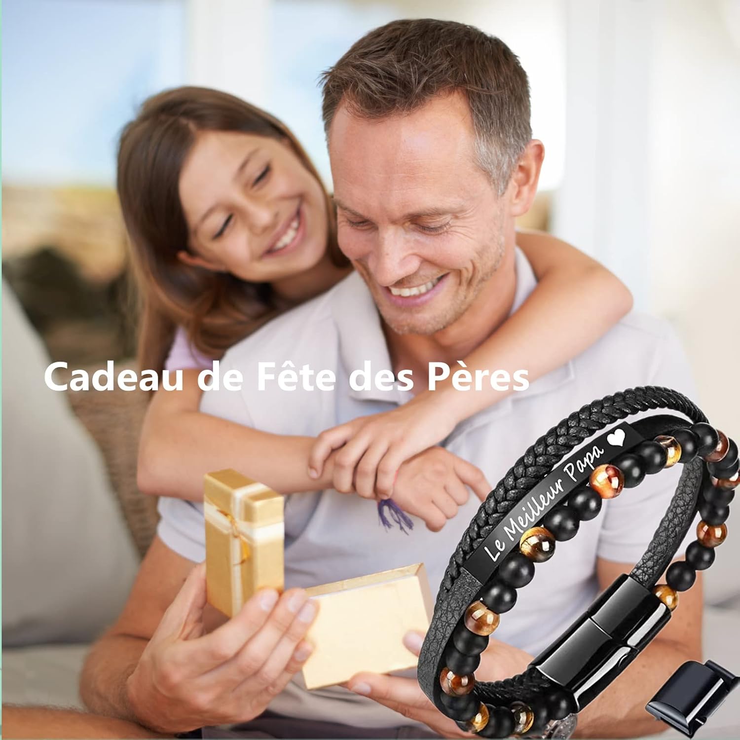 Detalle 2 de Jbniuay Cadeau Homme - Bracelet en cuir avec perles naturelles et œil de tigre, gravé Papa