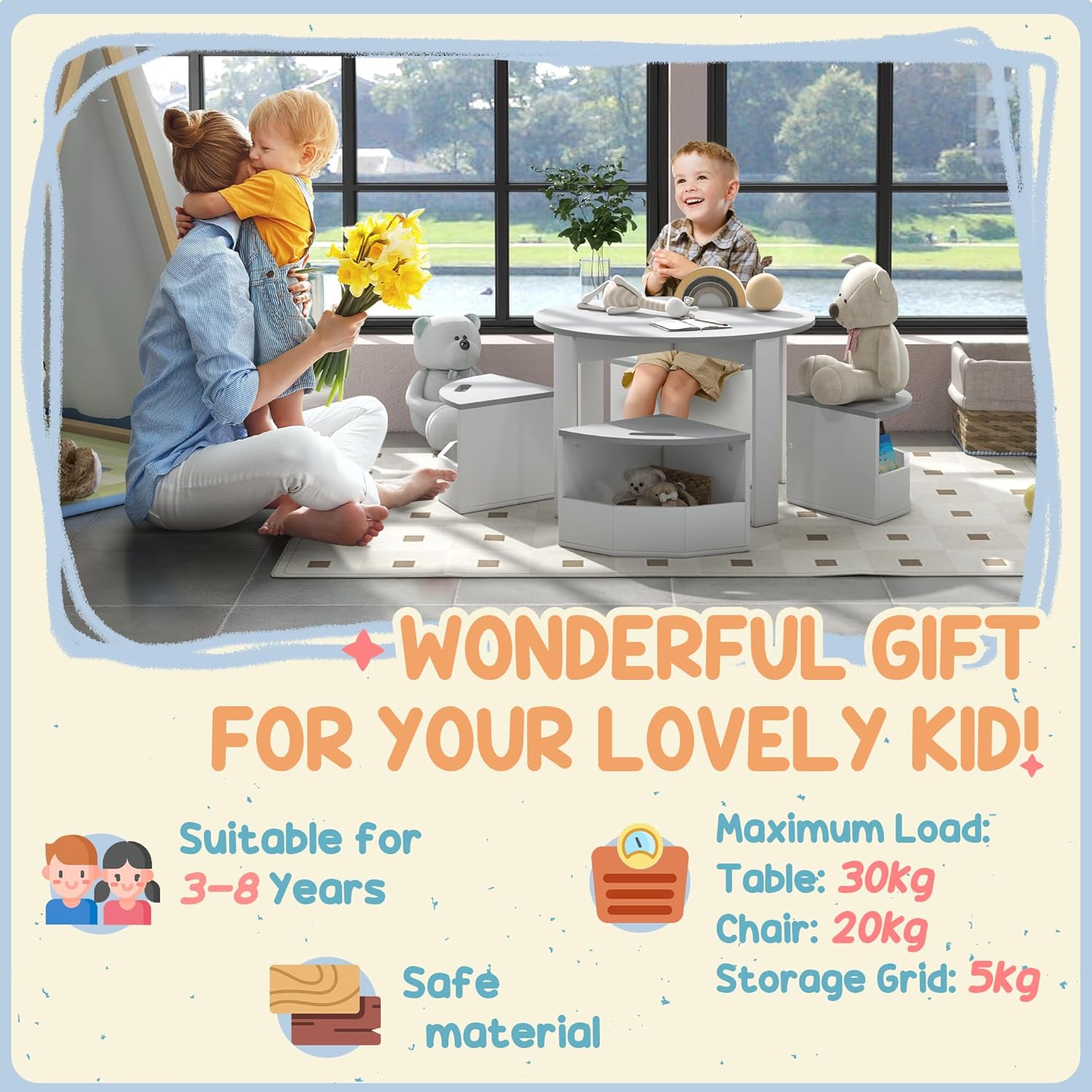 Thumbnail 5 de AIYAPLAY Kids Table and Chairs Set (Five-Piece) with Under-Seat Storage – Grey