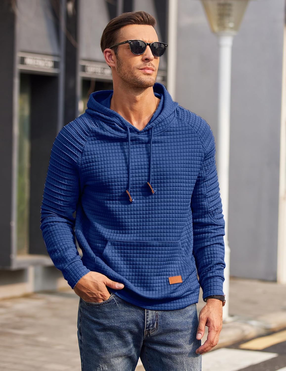 Detalle de COOFANDY Felpa con Cappuccio da Uomo in Maglia Waffle: Comfort casual con tasca a marsupio