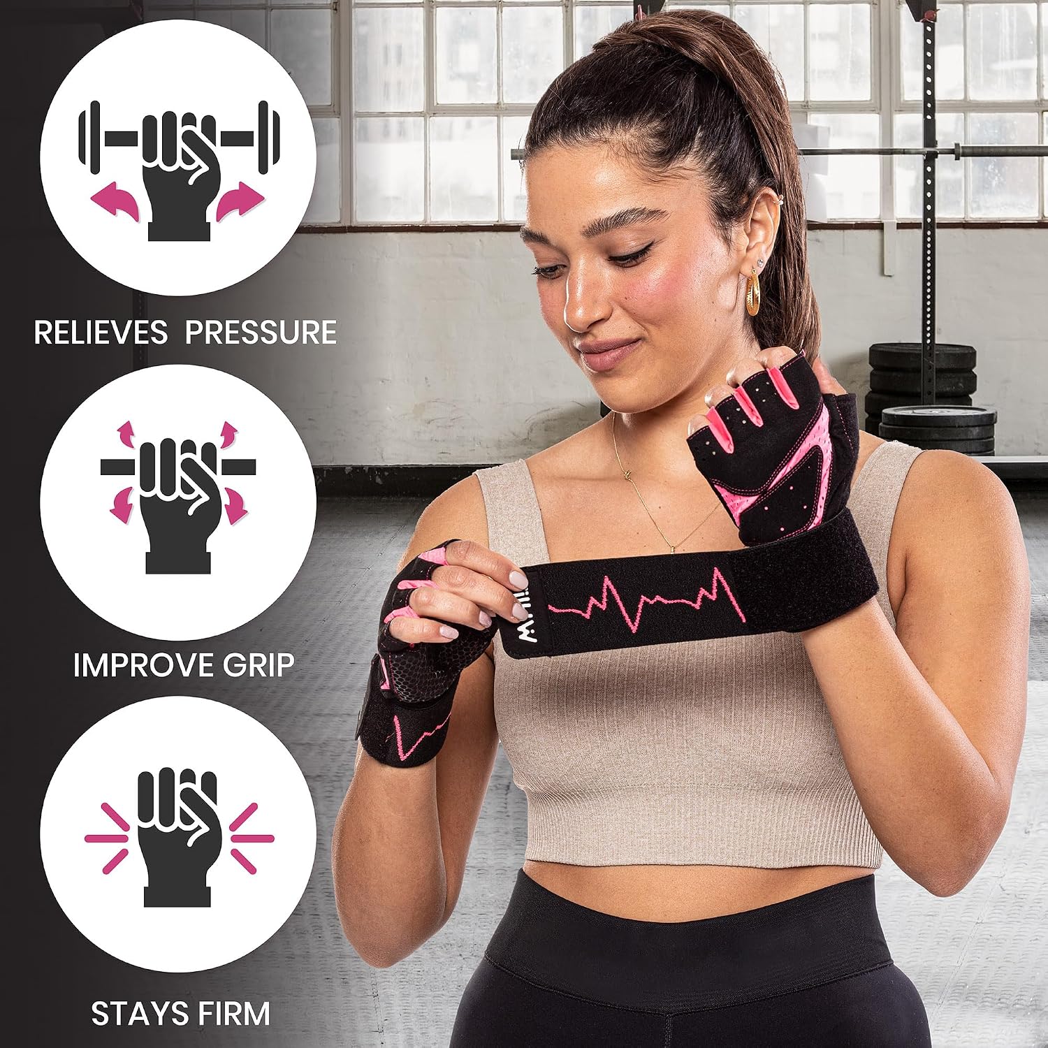 Detalle de MhIL Women's Workout Gloves with Breathable Mesh, Padded Grip and Wrist Wraps