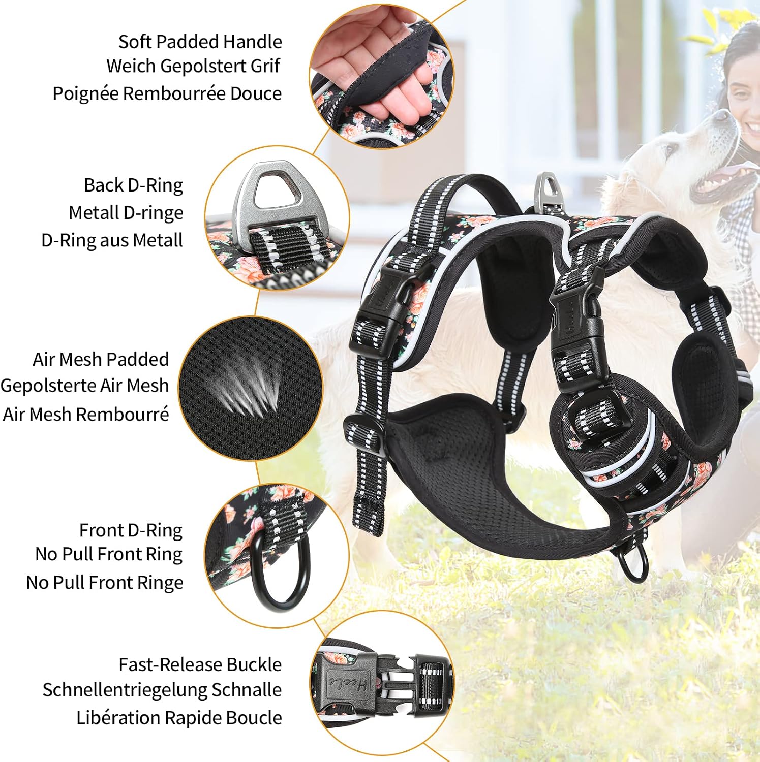 Detalle de HEELE No-Pull Dog Harness Small (Size S) – Floral-Black, Reflective, Front & Back Leash Rings