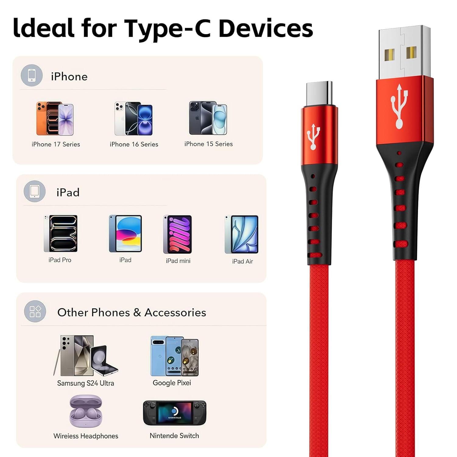 Thumbnail 6 de Amuvec 4 in 1 USB-C Multi Charger Cable (2.2m) – 3A USB-A to 4 Type-C Splitter, QC 3.0, braided lead (Red)