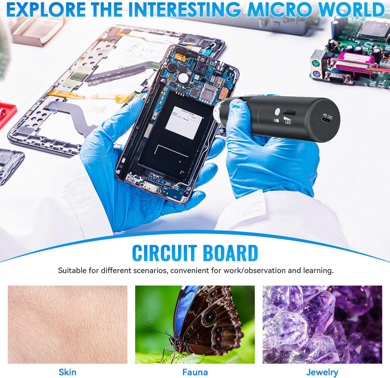 Thumbnail 6 de SKYBASIC Microscope numérique Wi‑Fi portable 1000X avec loupe et 8 LED pour smartphones (Android/iOS) et PC