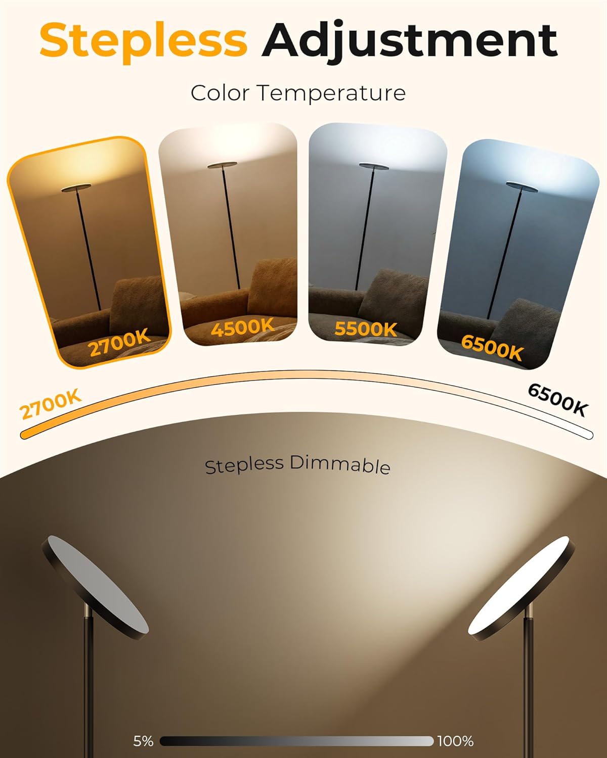 Thumbnail 3 de Peiyuu Tall LED Floor Lamp for Living Room — 2800LM, 2700–6500K Stepless Dimmable with Remote, Foot Switch and 1H Timer