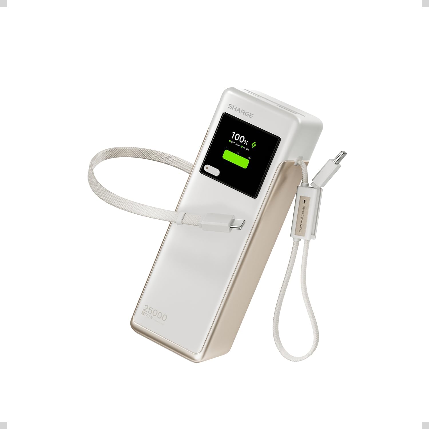 Detalle de SHARGE Power Bank Portatile HyperTower 170W: Batteria da 25000mAh con 4 uscite indipendenti e cavi USB-C integrati