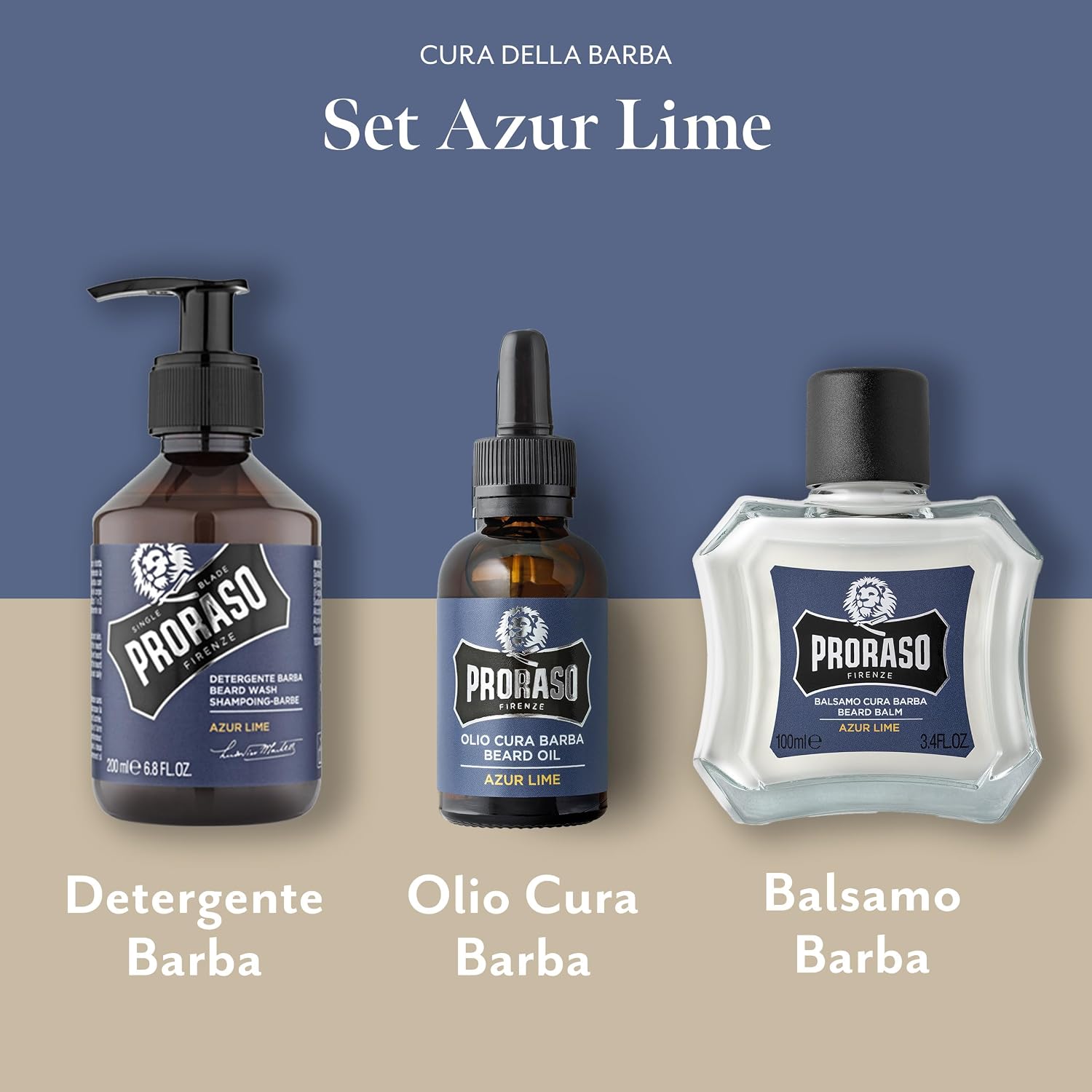 Detalle de Proraso Set Barba Azur Lime – regalo uomo con Detergente Barba, Olio Cura Barba e Balsamo Cura Barba