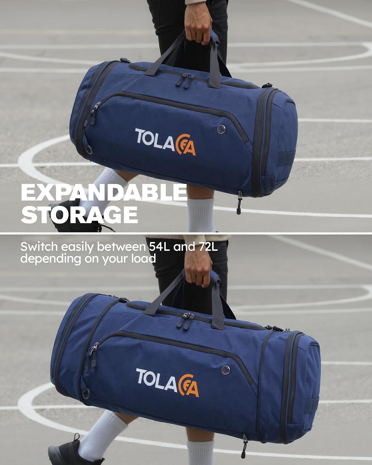 Detalle de Tolaccea Sporttasche 56–70L (erweiterbar) mit Schuh- und Nassfach – als Rucksack tragbar, Blau