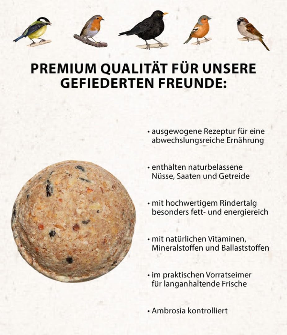 Detalle de Dehner Natura Vogelfutter – Premium Ganzjahresfutter für Meisen und Rotkehlchen, 9 kg im Vorratseimer (100 Stück, Fettfutter mit Nüssen, ohne Netz)