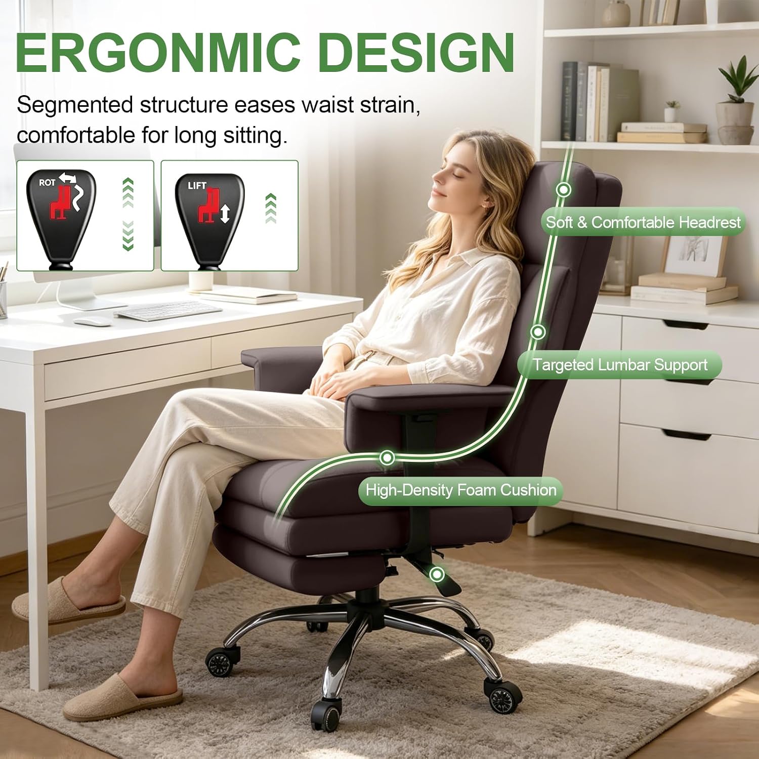 Detalle de XUEGW 850-Brown Executive Office Chair, 135° Recline and Retractable Footrest
