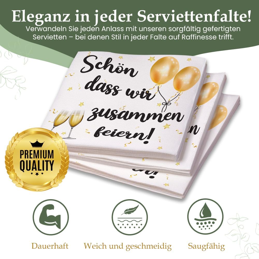 Detalle de Plantvibes Servietten „Schön, dass wir zusammen feiern“ – 100 Stück, 33 × 33 cm, 3-lagig