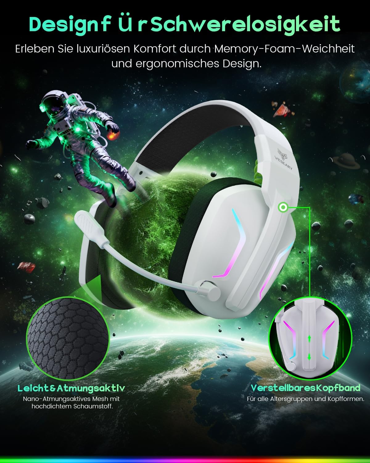 Thumbnail 6 de WESEARY Wireless Gaming Headset: 2,4 GHz & Bluetooth, ENC-Mikrofon, 60 h Akku, RGB, kompatibel mit PS5/PS4/PC/Switch
