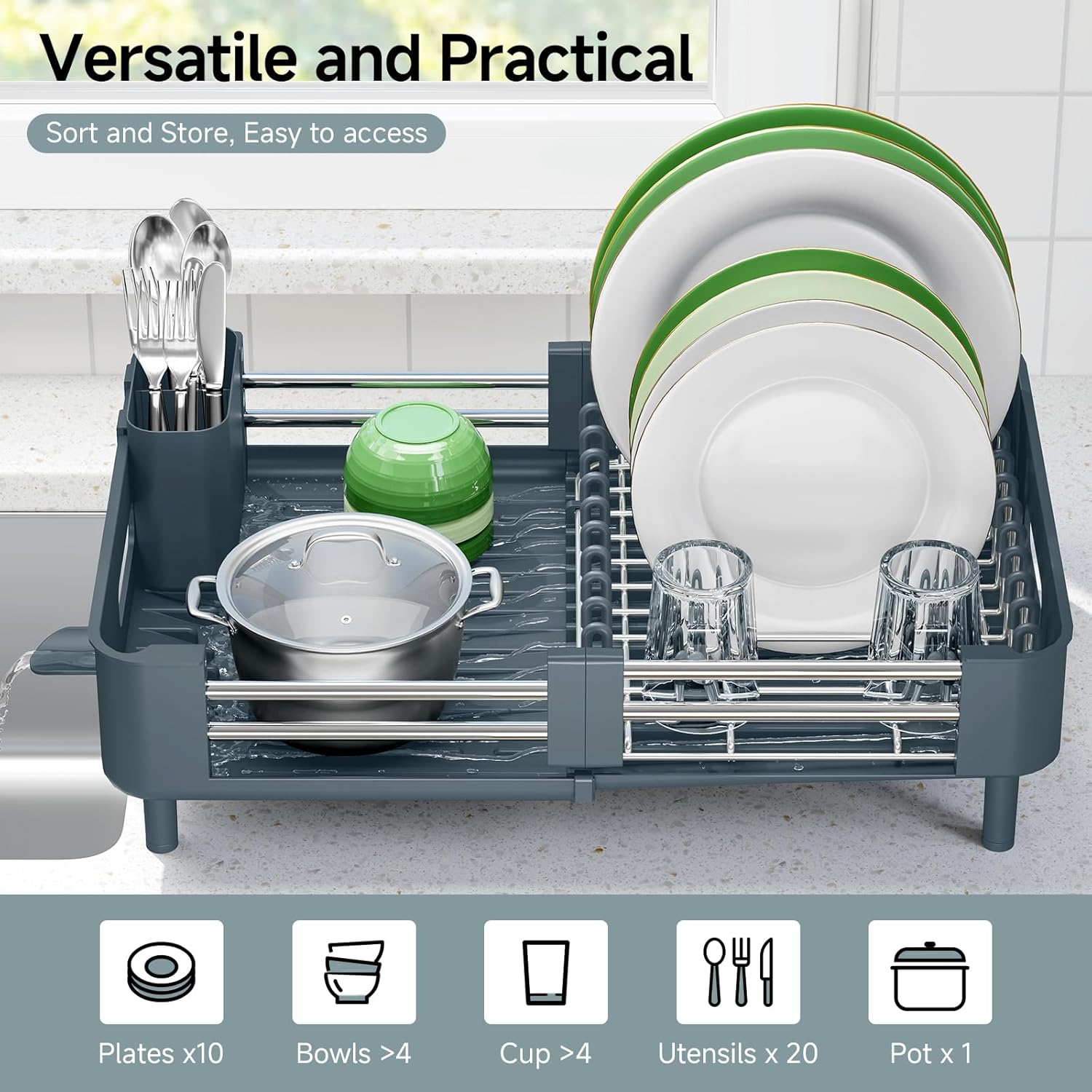 Thumbnail 3 de KINGRACK Extendable Dish Drainer Rack in Matte Green
