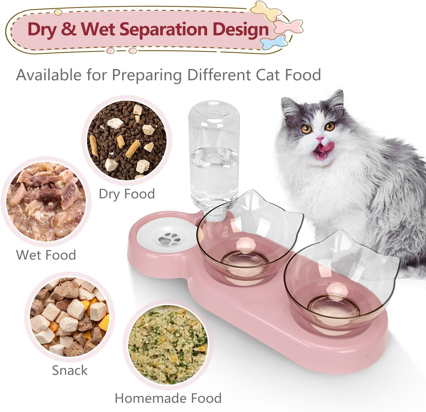 Detalle de Tilted 15° Cat Bowl with Stand and Gravity Water Feeder (Pink)