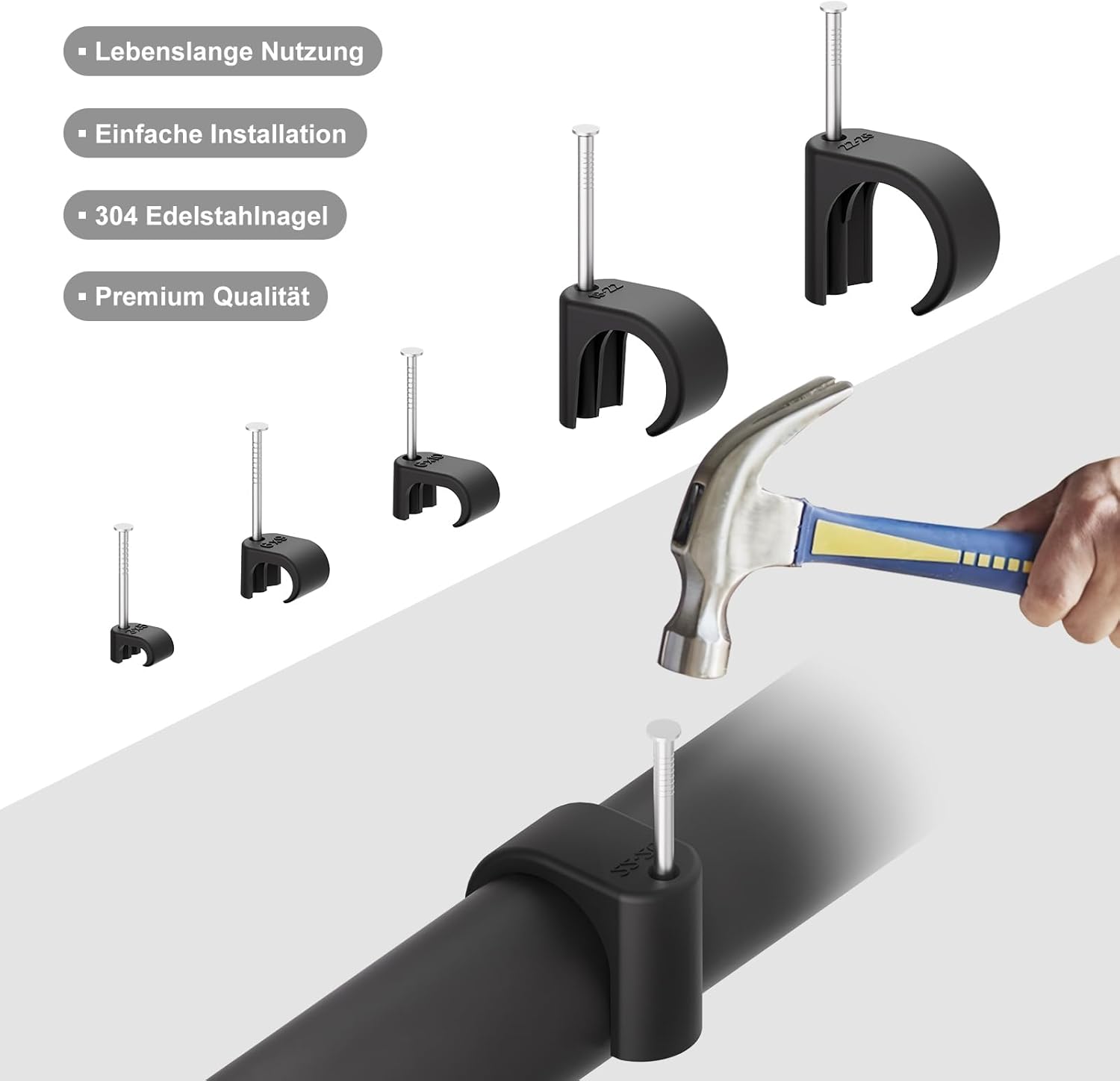 Thumbnail 1 de Temolink Kabelschellen (50 Stück) mit 304-Edelstahl-Nägeln für Kabelmanagement, 22–26 mm, schwarz