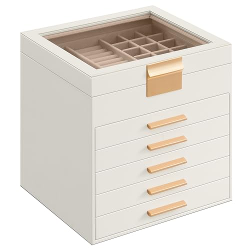 Detalle de SONGMICS Colección GISELLA: Caja de Joyas JBC176W01, 6 Niveles y 45 Compartimentos en Blanco Nube y Dorado