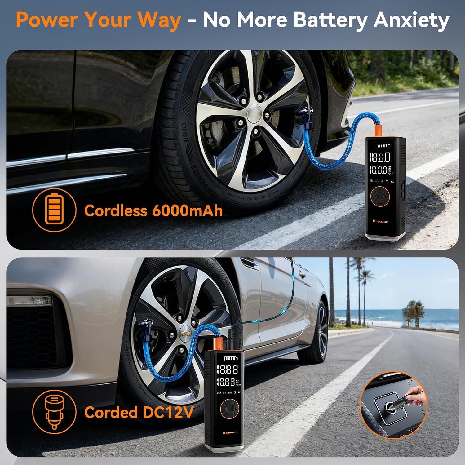 Thumbnail 2 de Haposute Tyre Inflator Portable Air Compressor 12V DC — 150 PSI, 6000mAh Battery, Dual LED Light