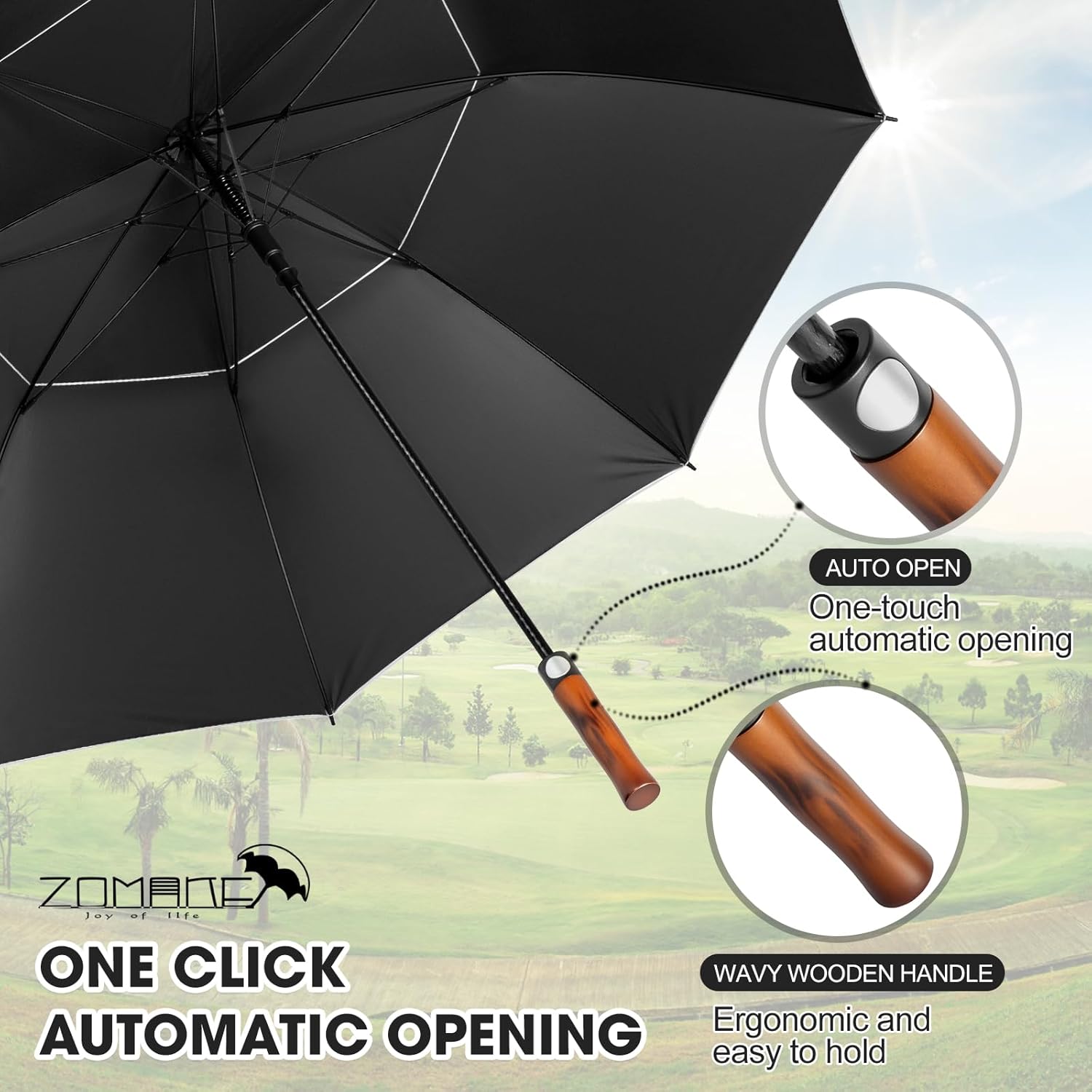 Thumbnail 4 de ZOMAKE Ombrelle Golf Anti-UV 62/68 Pouces – Grand Parapluie avec Double Canopée et Manche Bois Ondulé