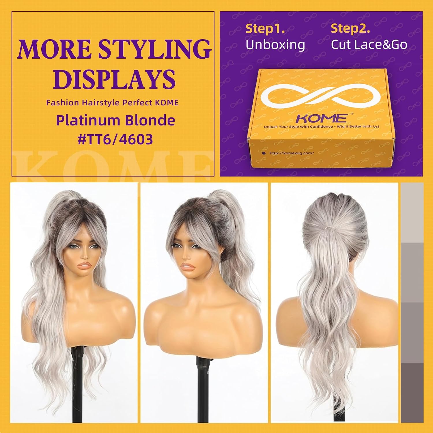 Detalle 1 de KOME Silver Platinum Blonde 28-Inch Synthetic Lace Front Wig with Bangs