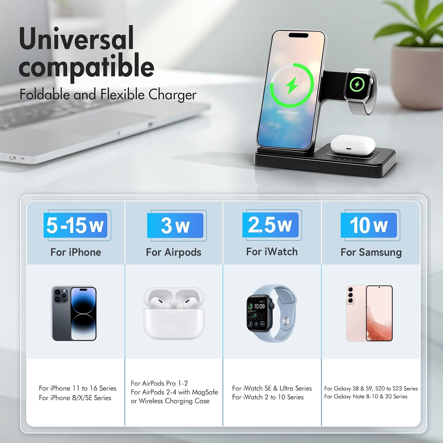 Detalle de 3 in 1 Wireless Charging Station for iPhone, AirPods Pro 4/3/2 and Apple Watch – Foldable Travel Dock (Black)