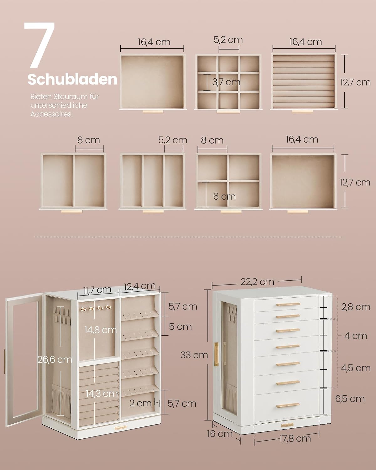 Detalle de SONGMICS Schmuckkästchen 360° drehbar, 7 Schubladen, seitliche Glasfenster – GISELLA Kollektion