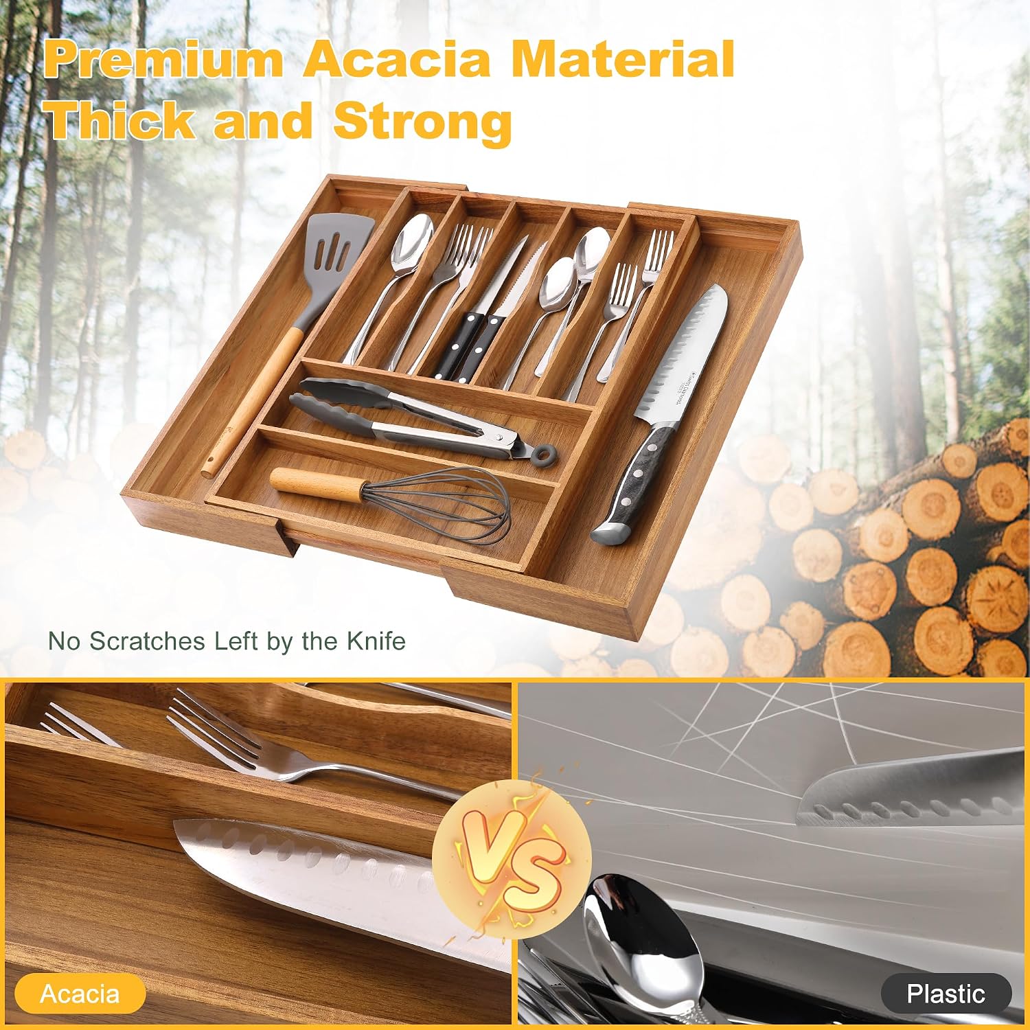 Thumbnail 4 de Oridom Large Premium Acacia Silverware Organizer: Expandable 7–9 Compartments